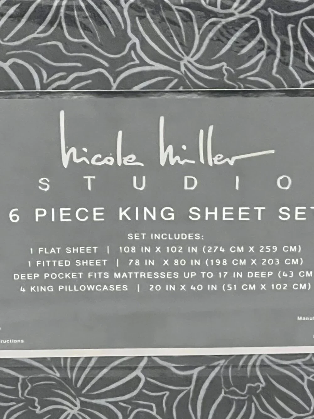 NICOLE MILLER Studio Gray KING Sheet Set 6pc New Linear Floral Tropical Flowers